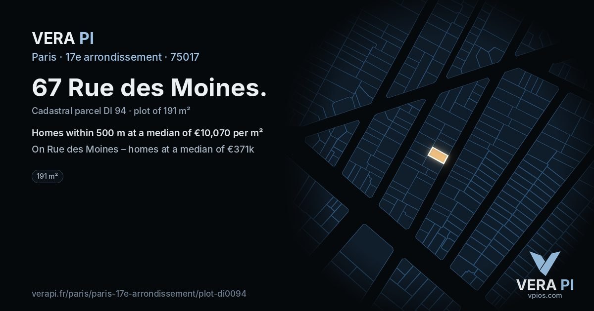 67 Rue des Moines, 17e arrondissement at night – the plot lit, the parcels around coloured by the prices near them