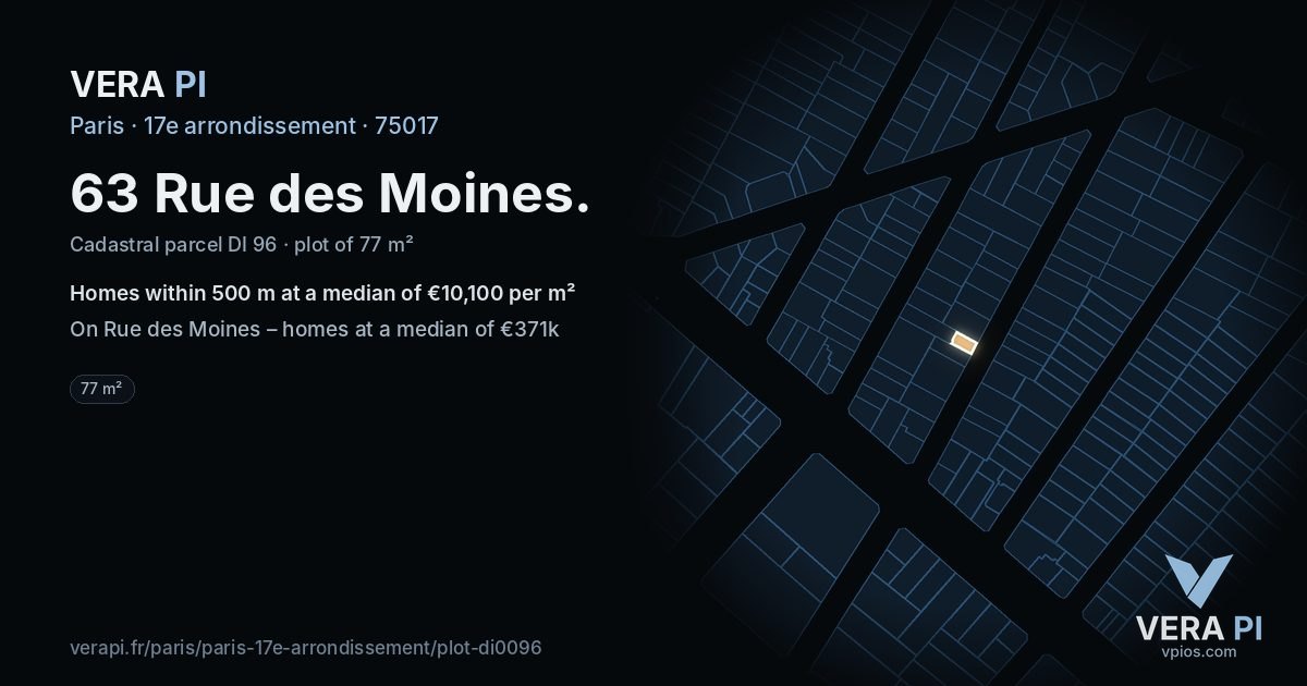 63 Rue des Moines, 17e arrondissement at night – the plot lit, the parcels around coloured by the prices near them