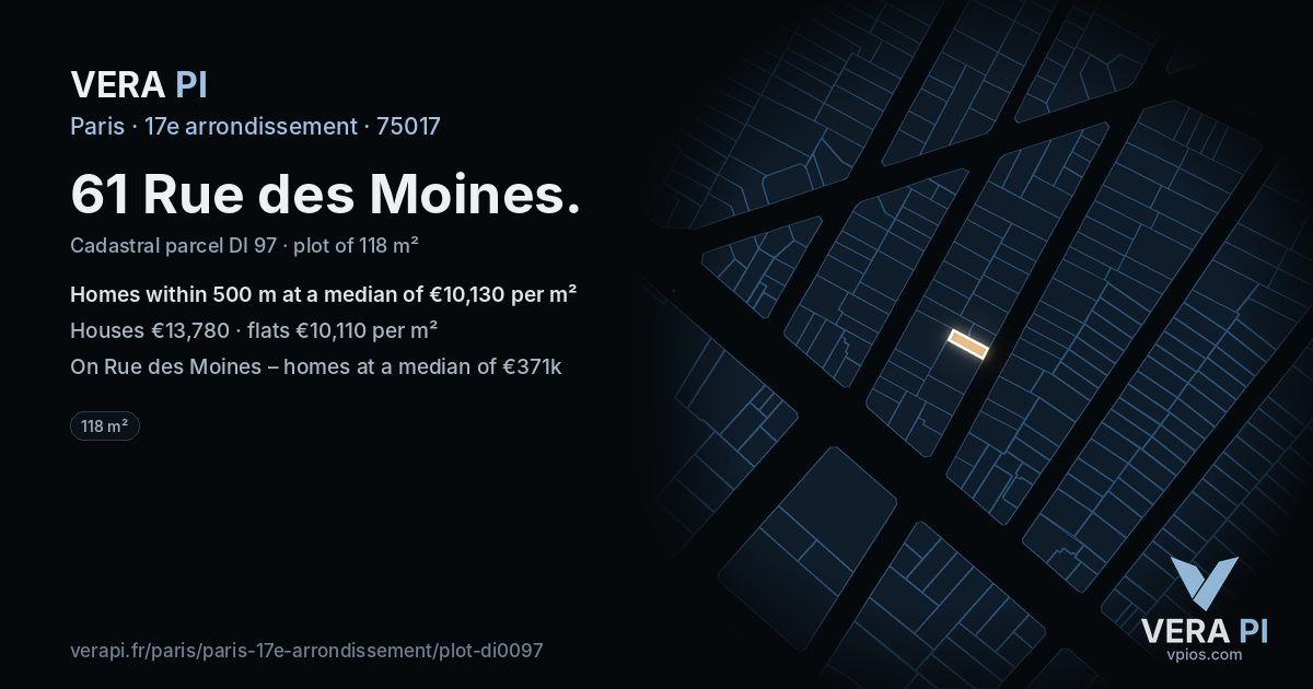 61 Rue des Moines, 17e arrondissement at night – the plot lit, the parcels around coloured by the prices near them