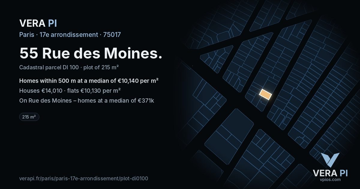 55 Rue des Moines, 17e arrondissement at night – the plot lit, the parcels around coloured by the prices near them