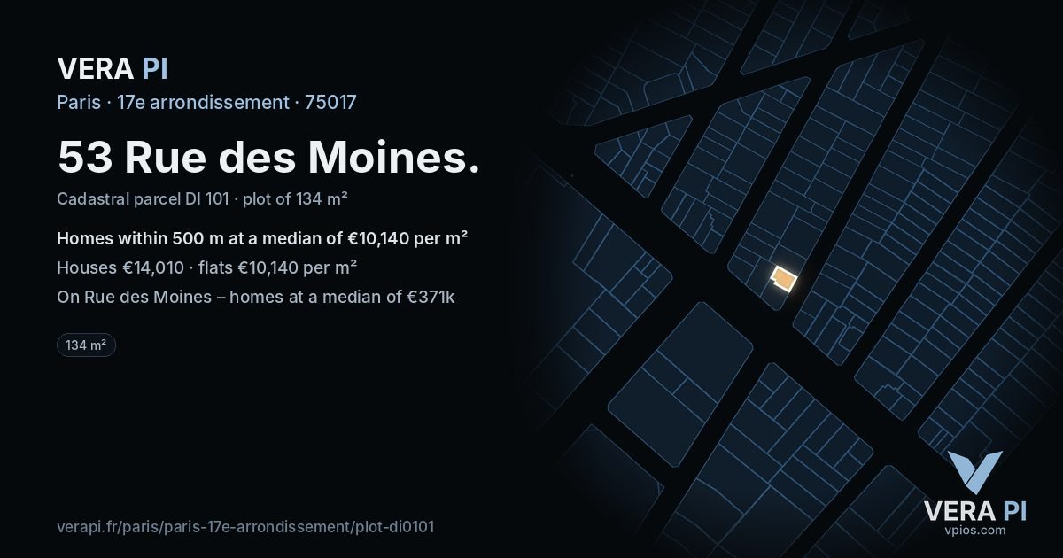 53 Rue des Moines, 17e arrondissement at night – the plot lit, the parcels around coloured by the prices near them