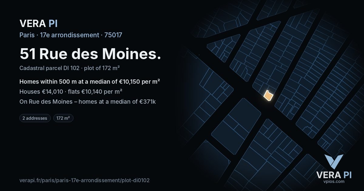 51 Rue des Moines, 17e arrondissement at night – the plot lit, the parcels around coloured by the prices near them