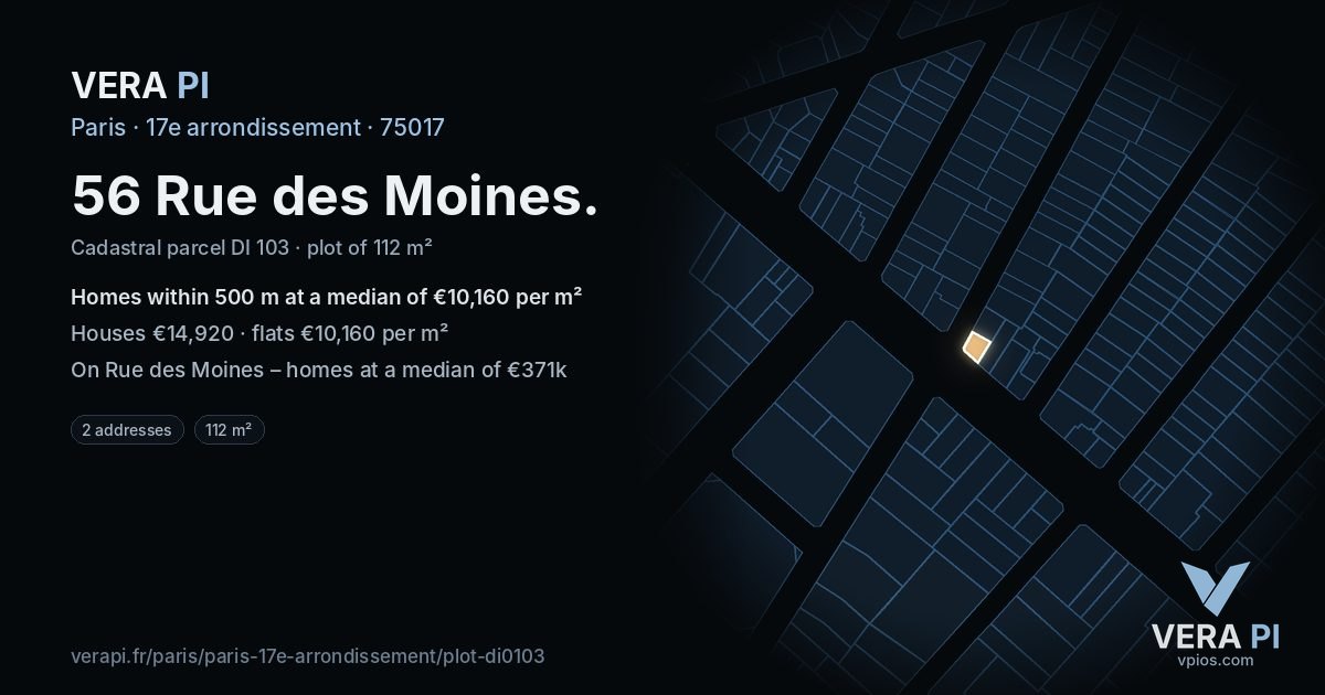 56 Rue des Moines, 17e arrondissement at night – the plot lit, the parcels around coloured by the prices near them
