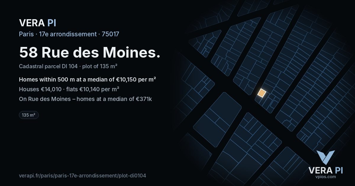 58 Rue des Moines, 17e arrondissement at night – the plot lit, the parcels around coloured by the prices near them