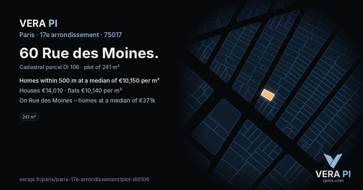 60 Rue des Moines, 17e arrondissement at night – the plot lit, the parcels around coloured by the prices near them