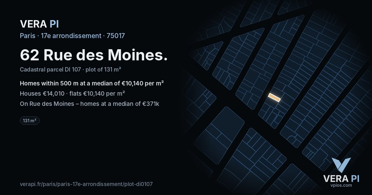 62 Rue des Moines, 17e arrondissement at night – the plot lit, the parcels around coloured by the prices near them