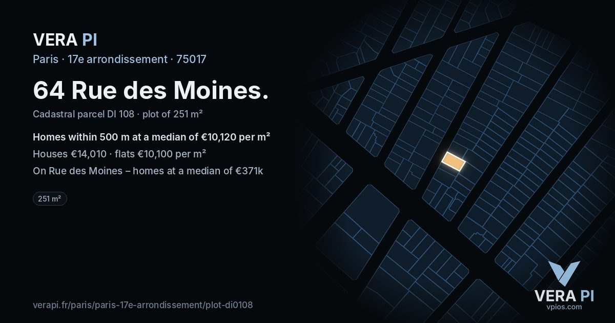 64 Rue des Moines, 17e arrondissement at night – the plot lit, the parcels around coloured by the prices near them