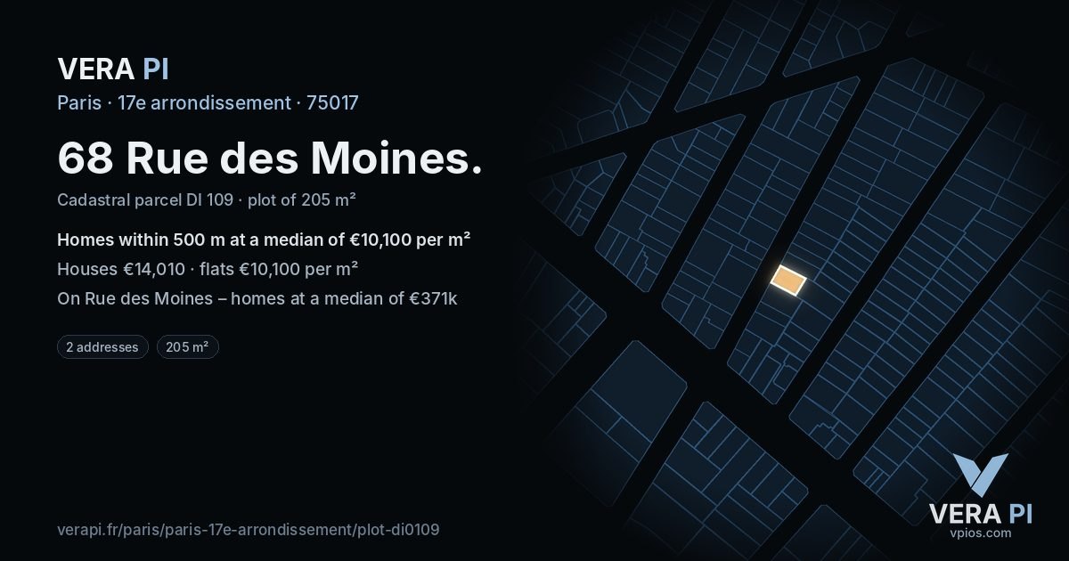 68 Rue des Moines, 17e arrondissement at night – the plot lit, the parcels around coloured by the prices near them