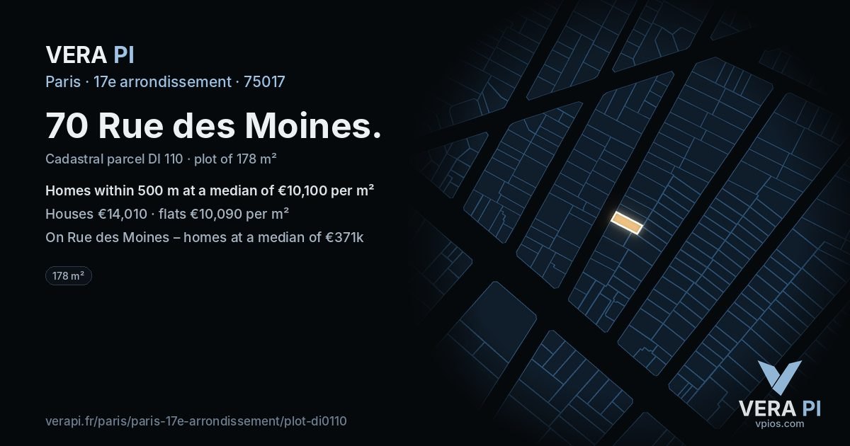 70 Rue des Moines, 17e arrondissement at night – the plot lit, the parcels around coloured by the prices near them