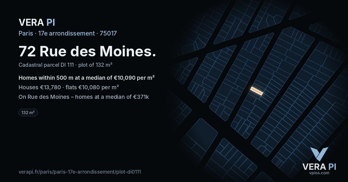 72 Rue des Moines, 17e arrondissement at night – the plot lit, the parcels around coloured by the prices near them