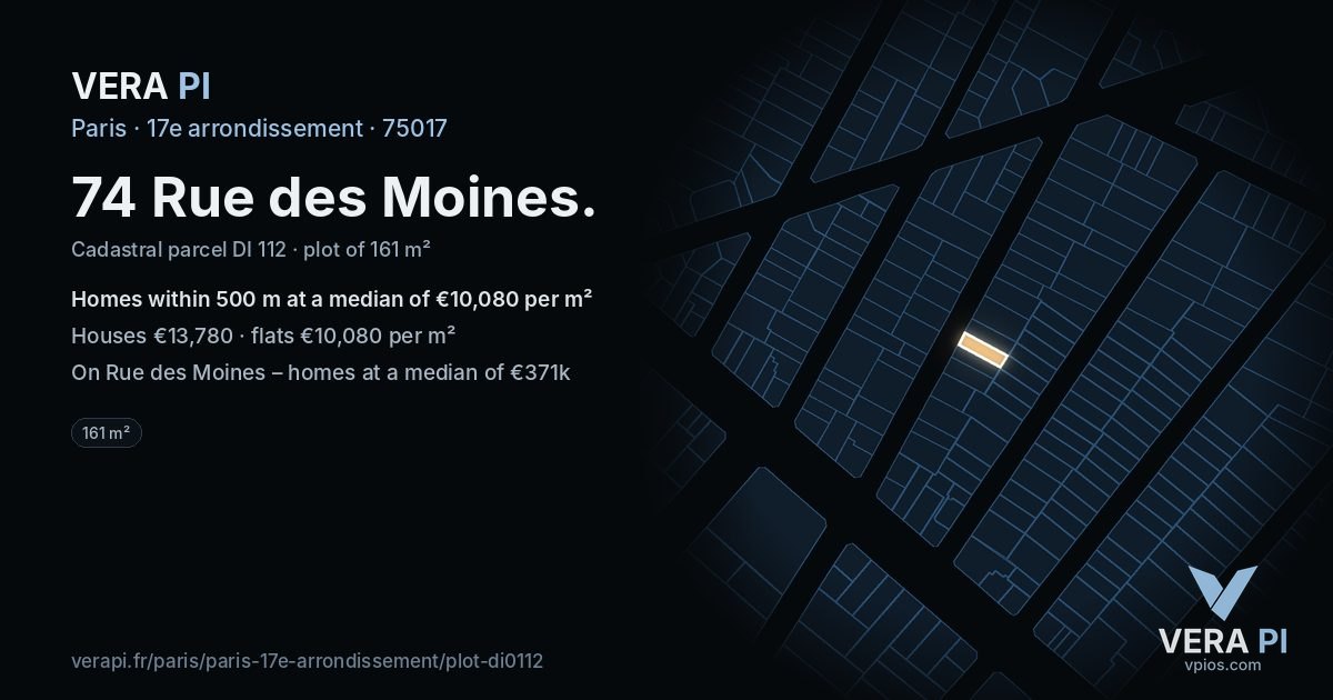 74 Rue des Moines, 17e arrondissement at night – the plot lit, the parcels around coloured by the prices near them