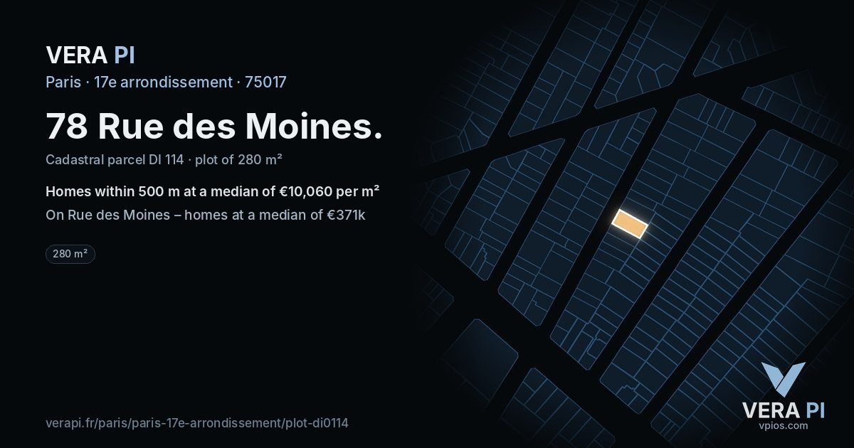 78 Rue des Moines, 17e arrondissement at night – the plot lit, the parcels around coloured by the prices near them