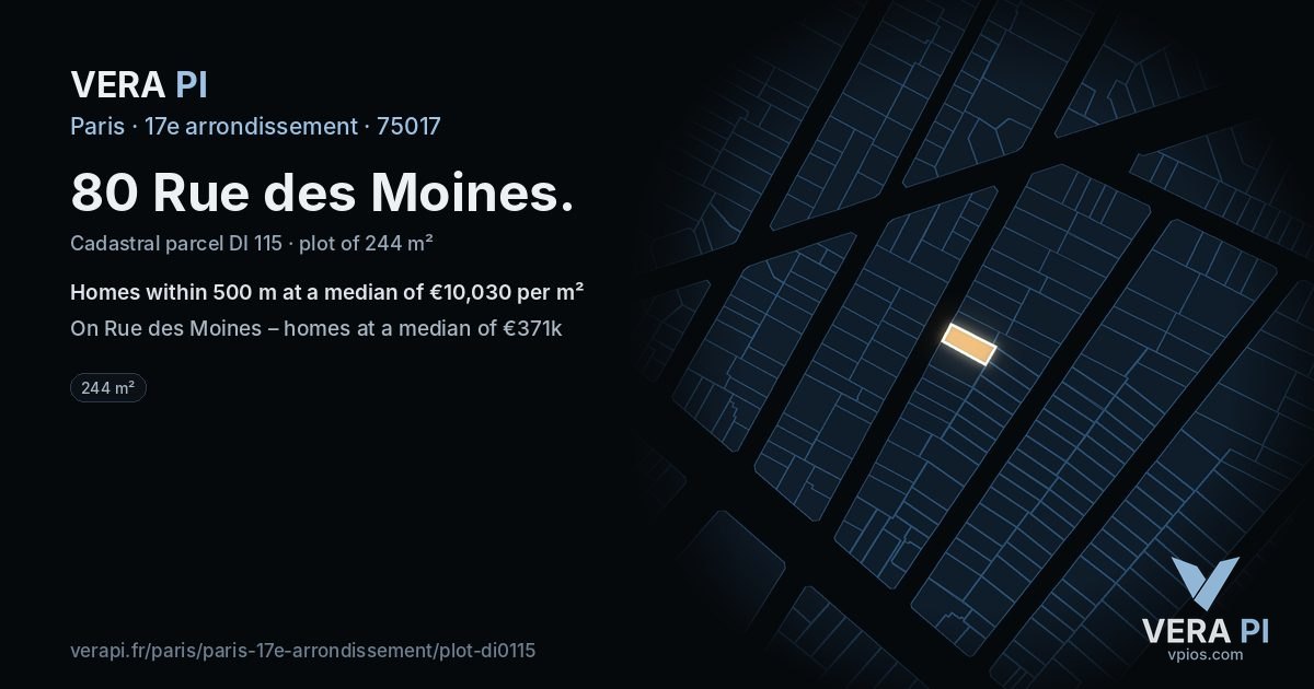 80 Rue des Moines, 17e arrondissement at night – the plot lit, the parcels around coloured by the prices near them