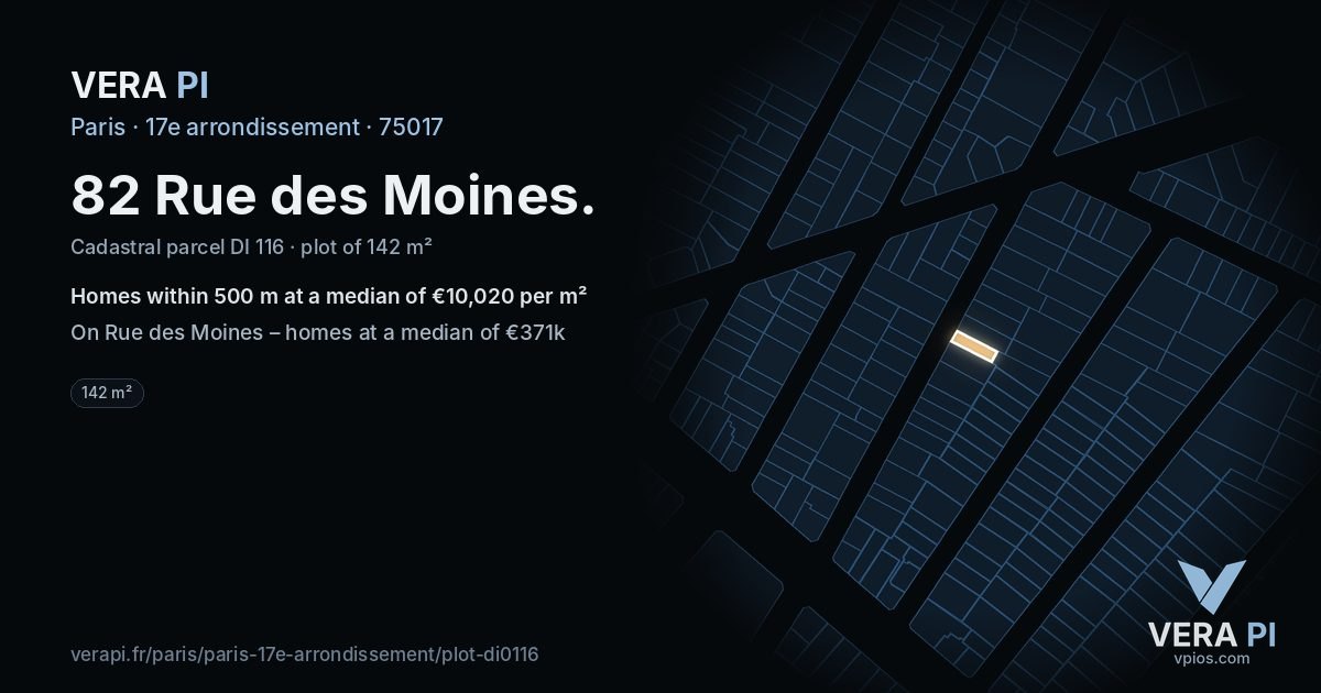 82 Rue des Moines, 17e arrondissement at night – the plot lit, the parcels around coloured by the prices near them