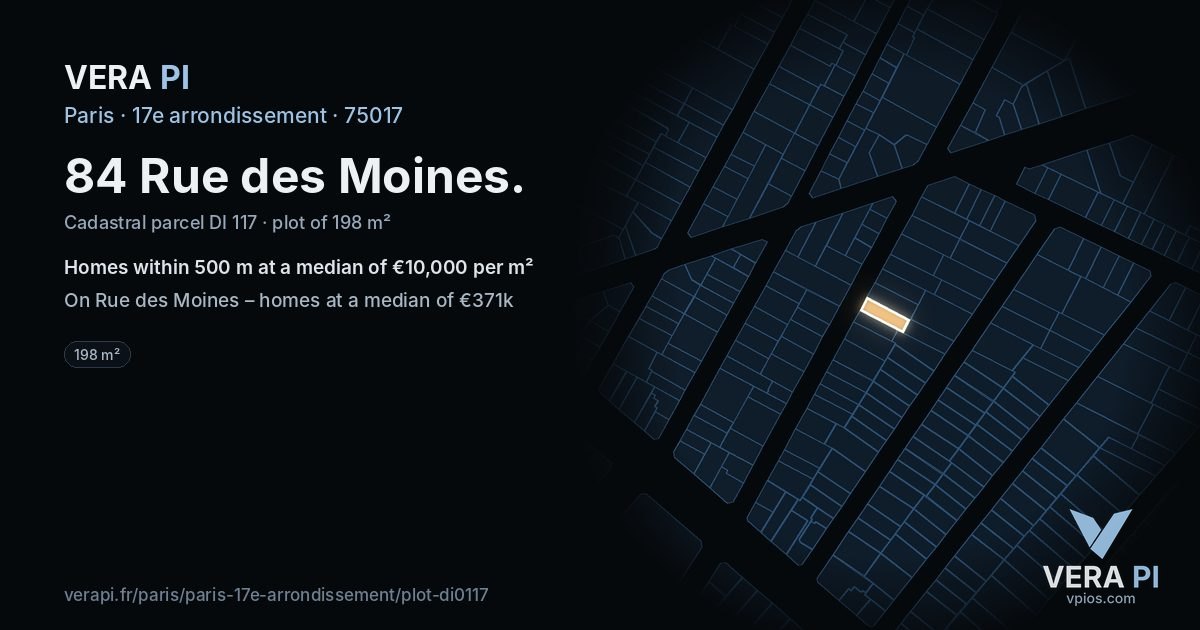 84 Rue des Moines, 17e arrondissement at night – the plot lit, the parcels around coloured by the prices near them