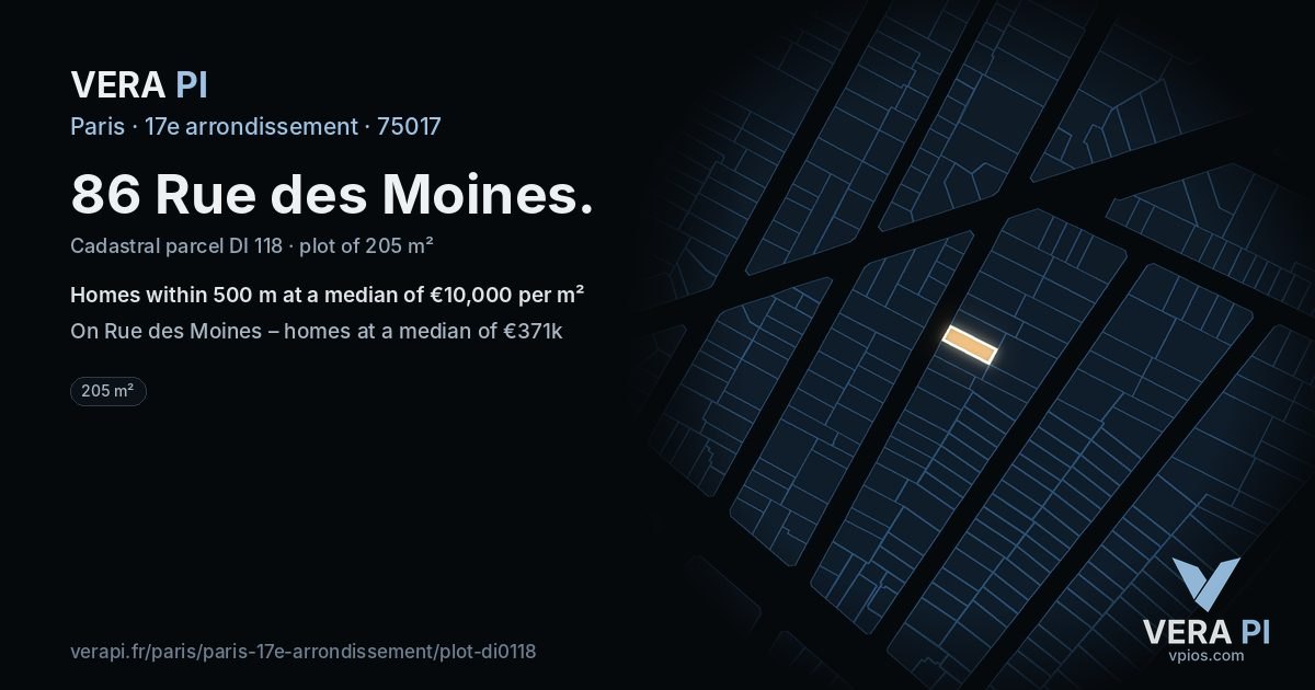 86 Rue des Moines, 17e arrondissement at night – the plot lit, the parcels around coloured by the prices near them
