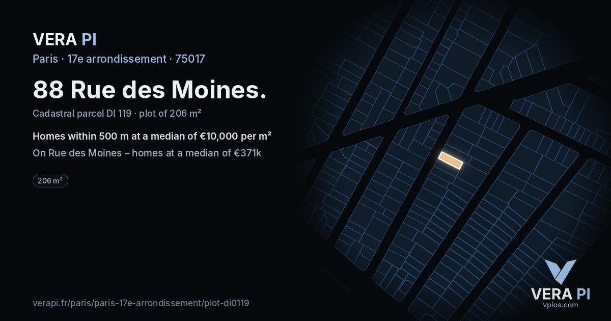 88 Rue des Moines, 17e arrondissement at night – the plot lit, the parcels around coloured by the prices near them