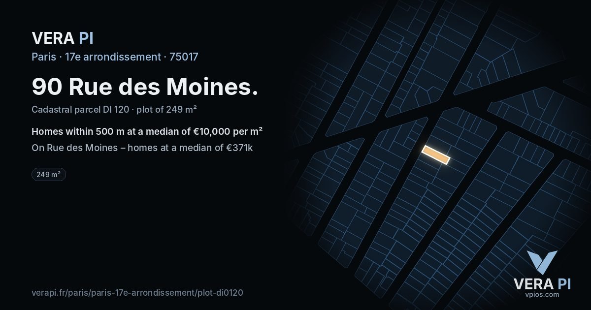 90 Rue des Moines, 17e arrondissement at night – the plot lit, the parcels around coloured by the prices near them