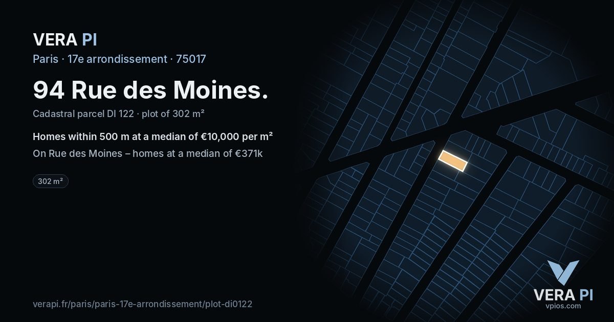 94 Rue des Moines, 17e arrondissement at night – the plot lit, the parcels around coloured by the prices near them