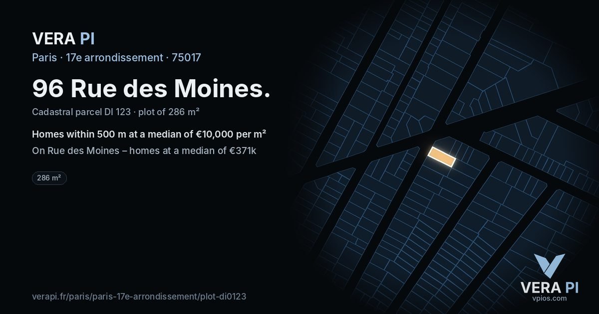 96 Rue des Moines, 17e arrondissement at night – the plot lit, the parcels around coloured by the prices near them