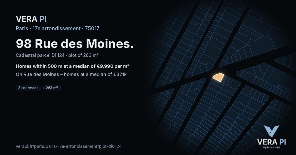 98 Rue des Moines, 17e arrondissement at night – the plot lit, the parcels around coloured by the prices near them