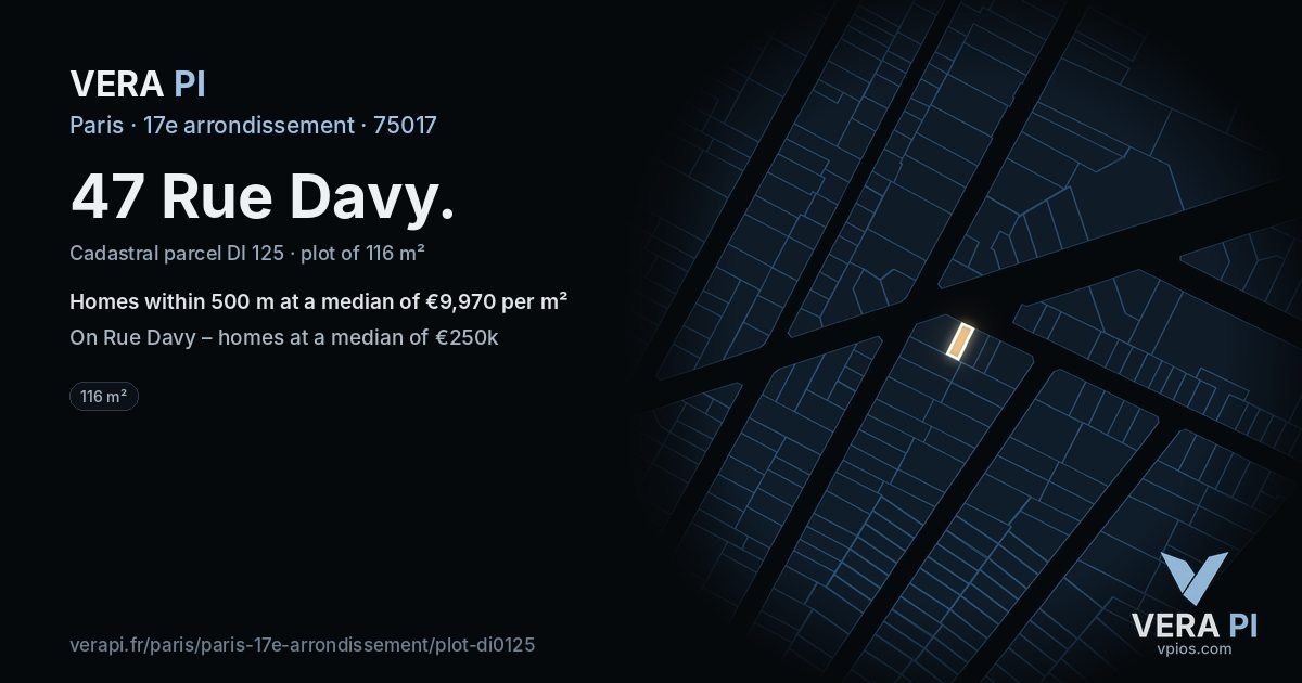 47 Rue Davy, 17e arrondissement at night – the plot lit, the parcels around coloured by the prices near them