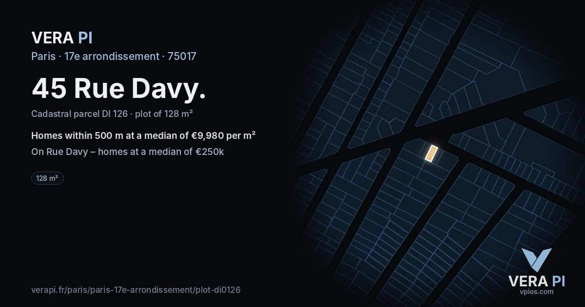 45 Rue Davy, 17e arrondissement at night – the plot lit, the parcels around coloured by the prices near them