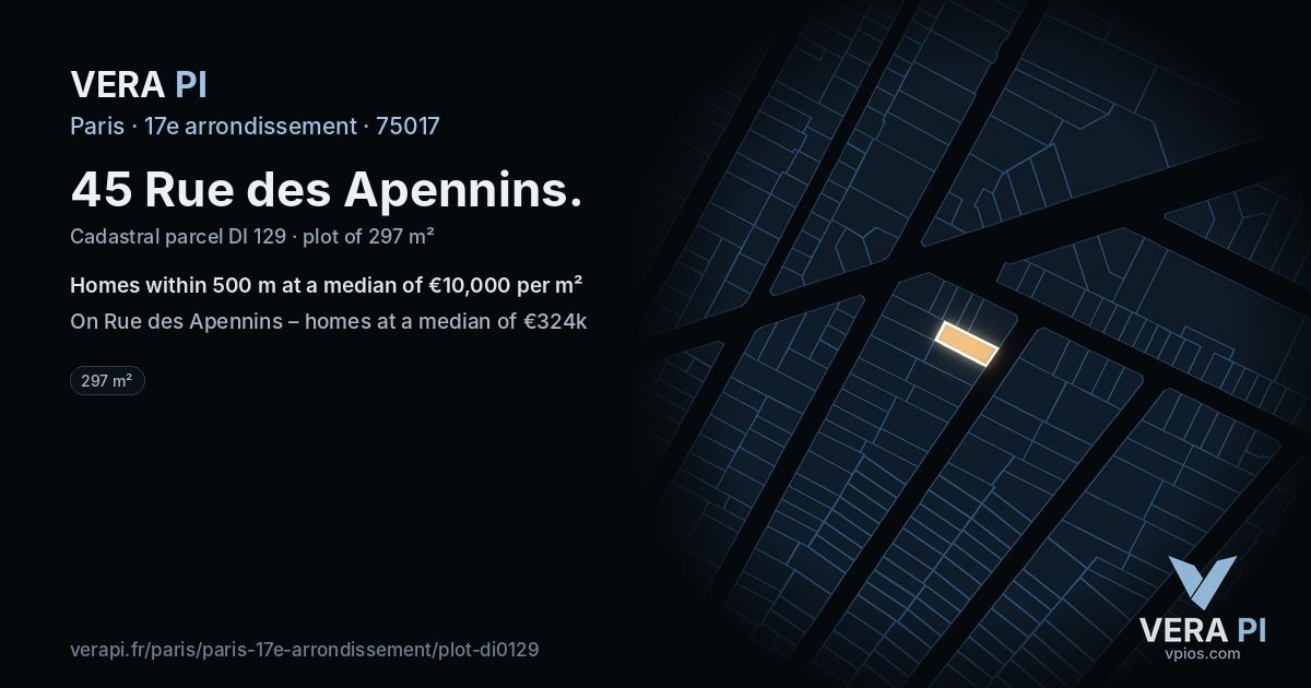 45 Rue des Apennins, 17e arrondissement at night – the plot lit, the parcels around coloured by the prices near them