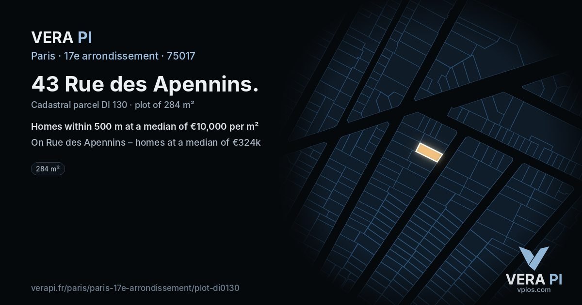 43 Rue des Apennins, 17e arrondissement at night – the plot lit, the parcels around coloured by the prices near them