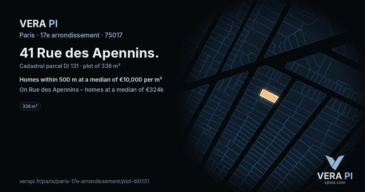 41 Rue des Apennins, 17e arrondissement at night – the plot lit, the parcels around coloured by the prices near them
