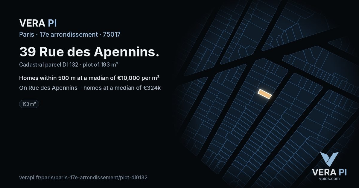 39 Rue des Apennins, 17e arrondissement at night – the plot lit, the parcels around coloured by the prices near them