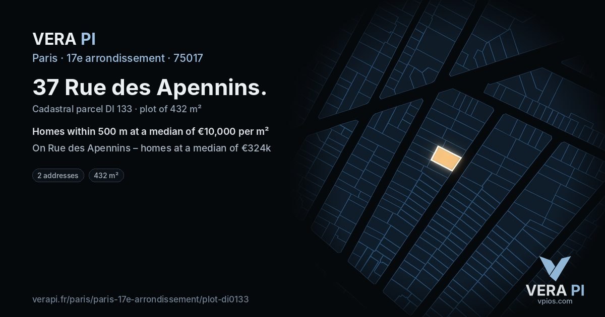 37 Rue des Apennins, 17e arrondissement at night – the plot lit, the parcels around coloured by the prices near them