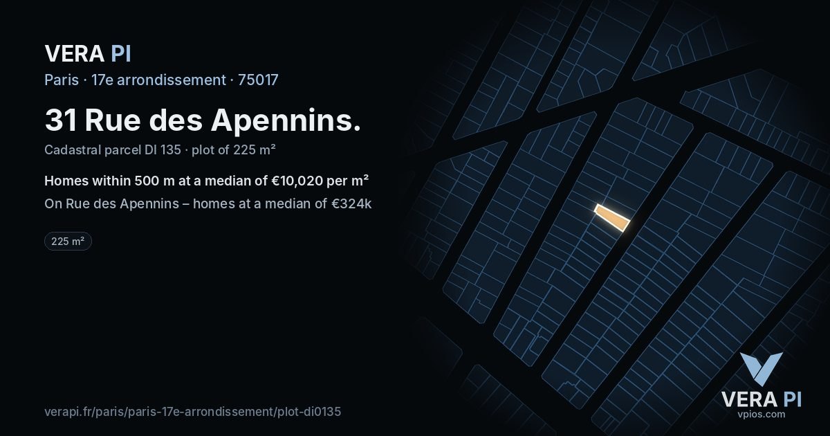 31 Rue des Apennins, 17e arrondissement at night – the plot lit, the parcels around coloured by the prices near them