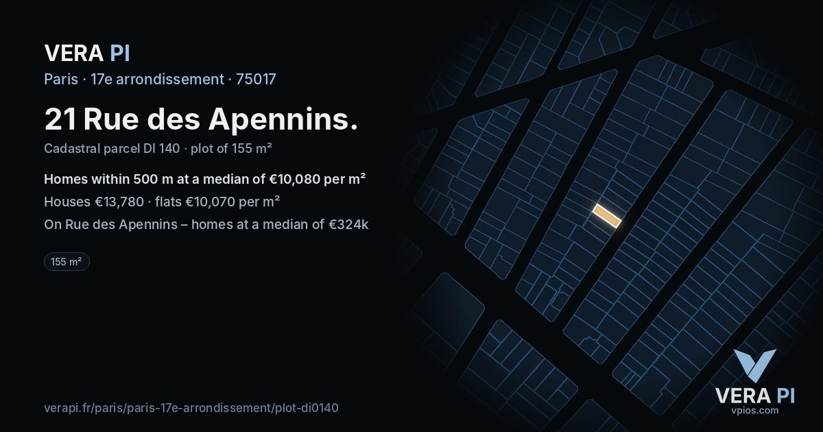 21 Rue des Apennins, 17e arrondissement at night – the plot lit, the parcels around coloured by the prices near them