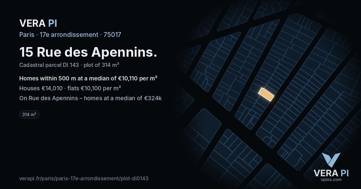 15 Rue des Apennins, 17e arrondissement at night – the plot lit, the parcels around coloured by the prices near them