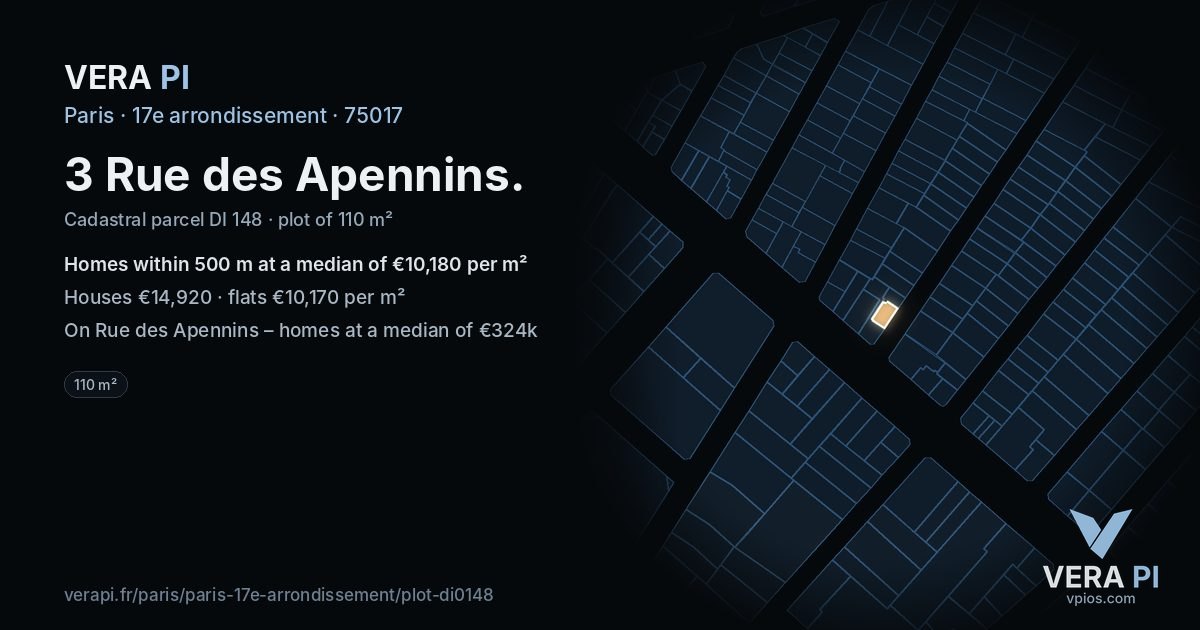 3 Rue des Apennins, 17e arrondissement at night – the plot lit, the parcels around coloured by the prices near them