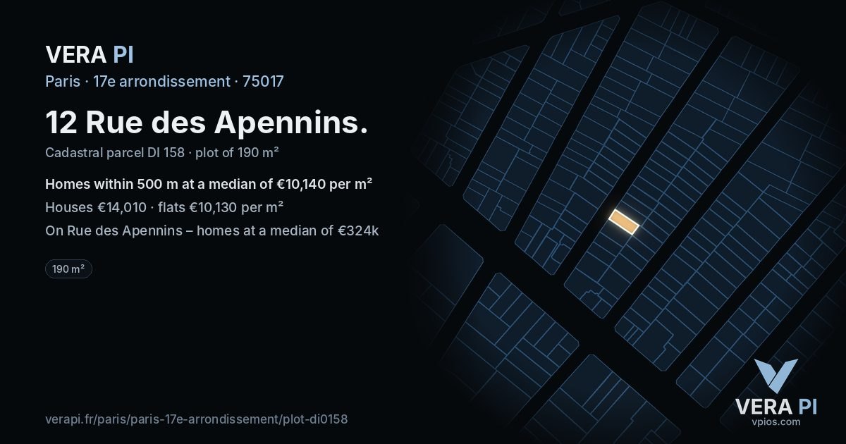 12 Rue des Apennins, 17e arrondissement at night – the plot lit, the parcels around coloured by the prices near them