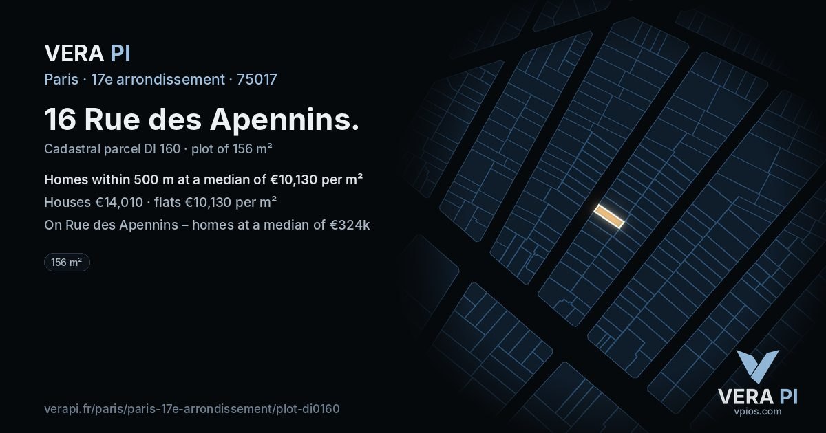 16 Rue des Apennins, 17e arrondissement at night – the plot lit, the parcels around coloured by the prices near them