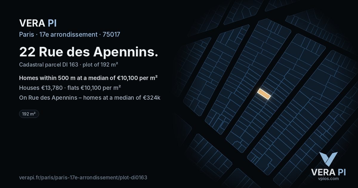 22 Rue des Apennins, 17e arrondissement at night – the plot lit, the parcels around coloured by the prices near them