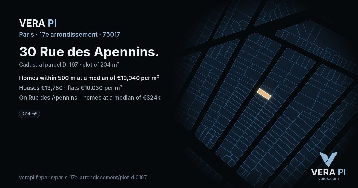 30 Rue des Apennins, 17e arrondissement at night – the plot lit, the parcels around coloured by the prices near them