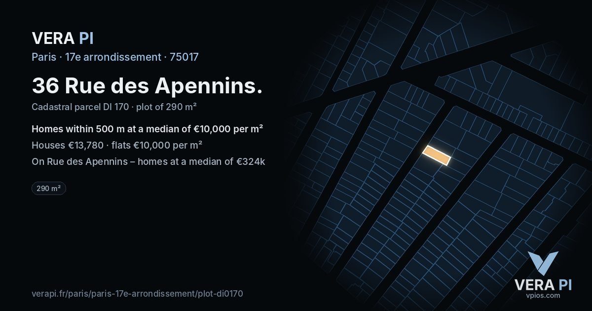 36 Rue des Apennins, 17e arrondissement at night – the plot lit, the parcels around coloured by the prices near them