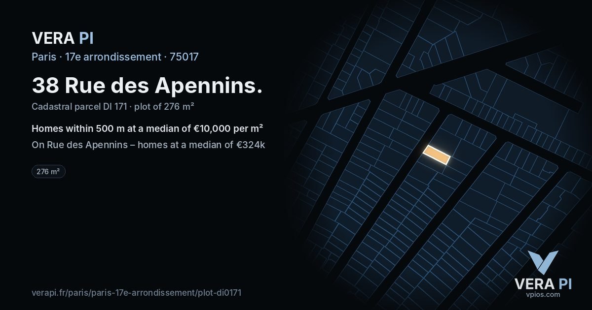 38 Rue des Apennins, 17e arrondissement at night – the plot lit, the parcels around coloured by the prices near them
