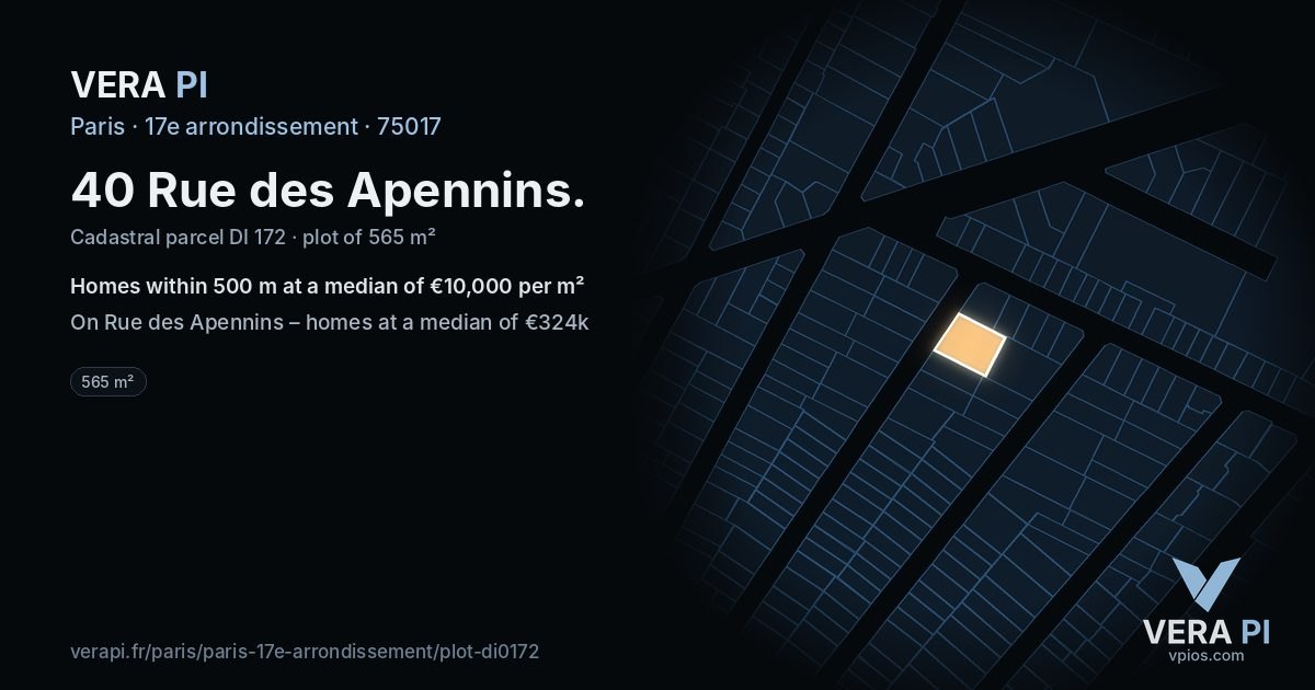 40 Rue des Apennins, 17e arrondissement at night – the plot lit, the parcels around coloured by the prices near them