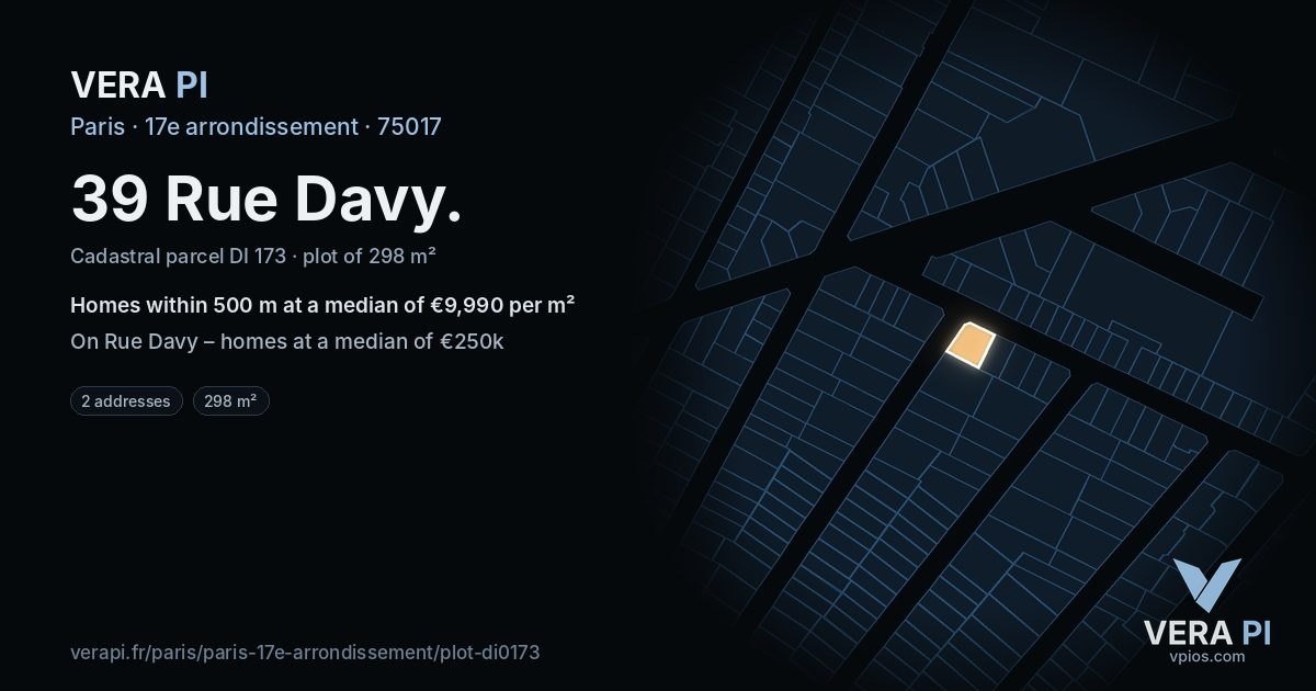 39 Rue Davy, 17e arrondissement at night – the plot lit, the parcels around coloured by the prices near them