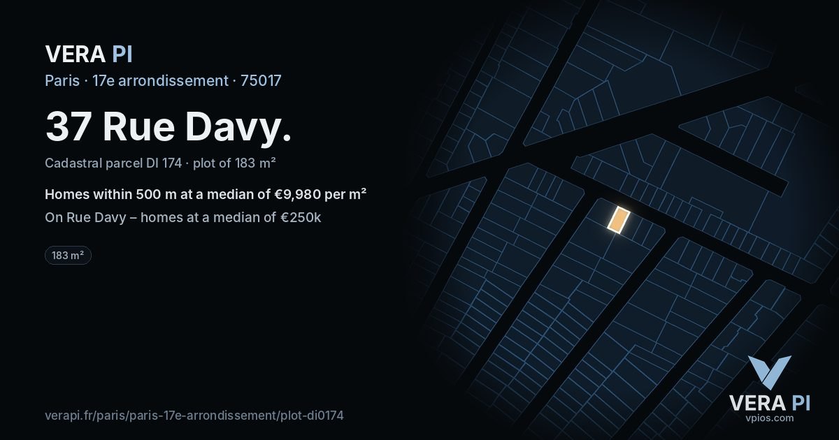 37 Rue Davy, 17e arrondissement at night – the plot lit, the parcels around coloured by the prices near them