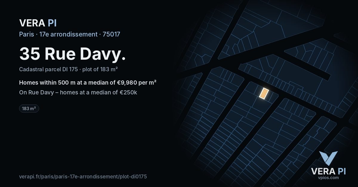 35 Rue Davy, 17e arrondissement at night – the plot lit, the parcels around coloured by the prices near them