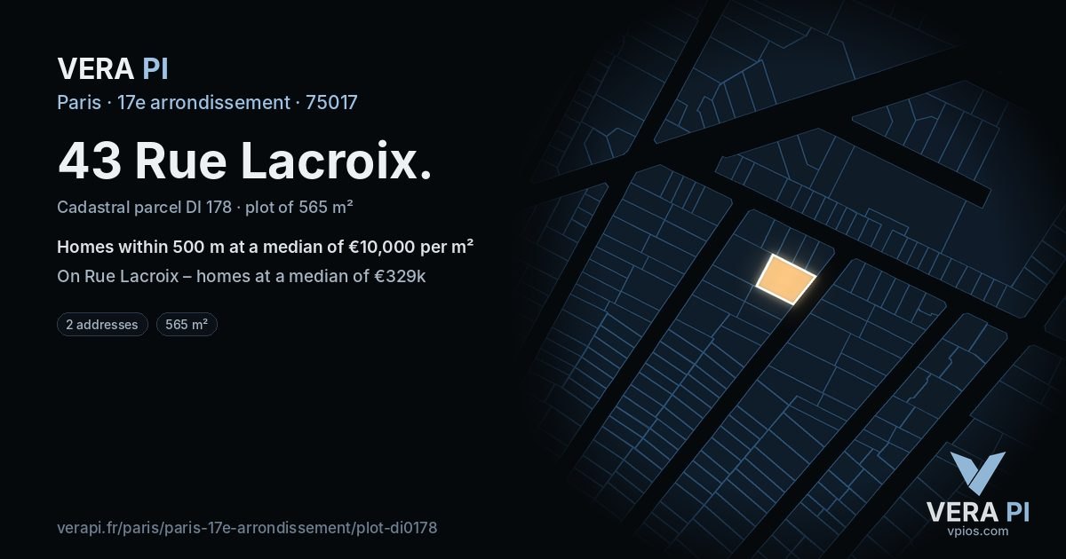 43 Rue Lacroix, 17e arrondissement at night – the plot lit, the parcels around coloured by the prices near them