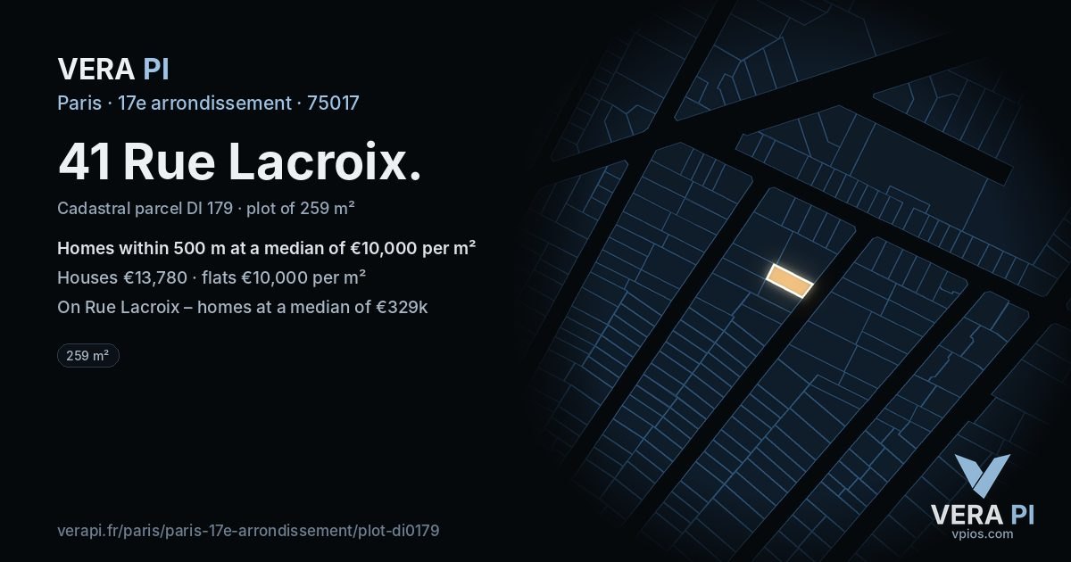 41 Rue Lacroix, 17e arrondissement at night – the plot lit, the parcels around coloured by the prices near them