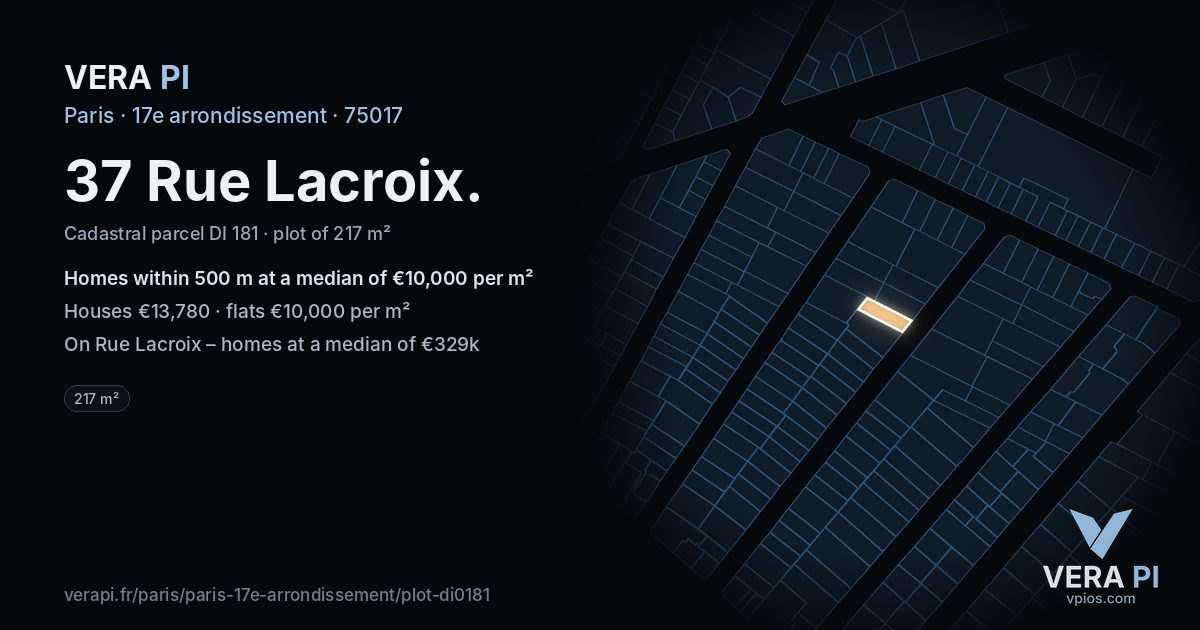 37 Rue Lacroix, 17e arrondissement at night – the plot lit, the parcels around coloured by the prices near them