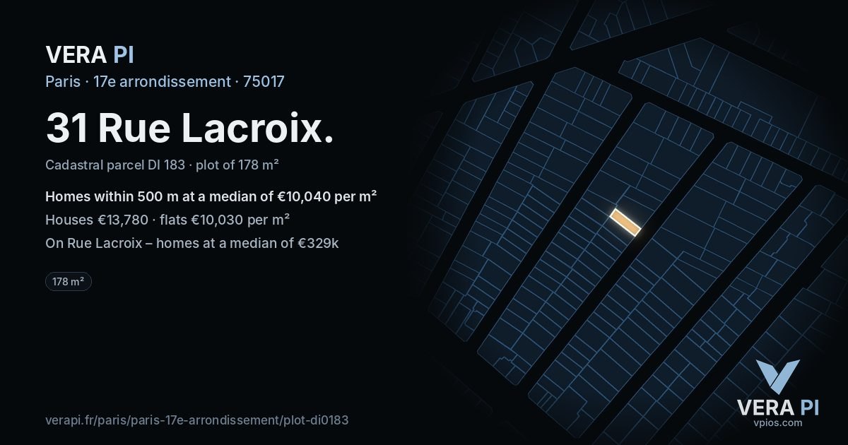 31 Rue Lacroix, 17e arrondissement at night – the plot lit, the parcels around coloured by the prices near them